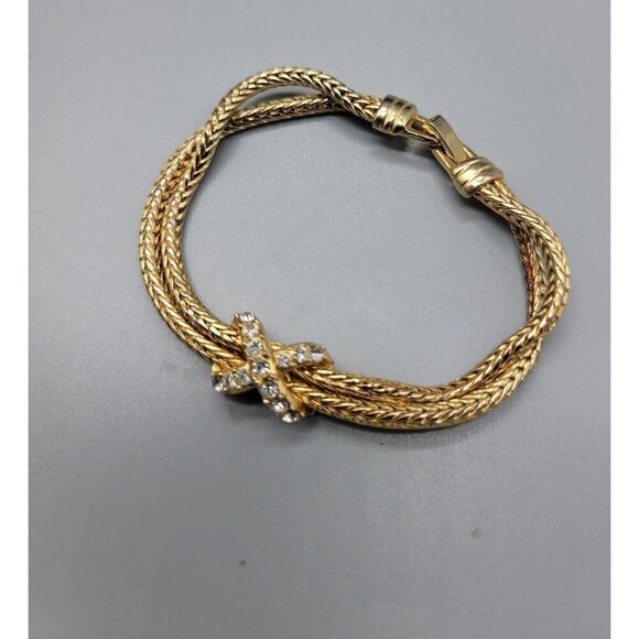 Crystal X Bracelet Double 6.5" Strand Cable Chain Gold Tone High End Fashion - Picture 6 of 11